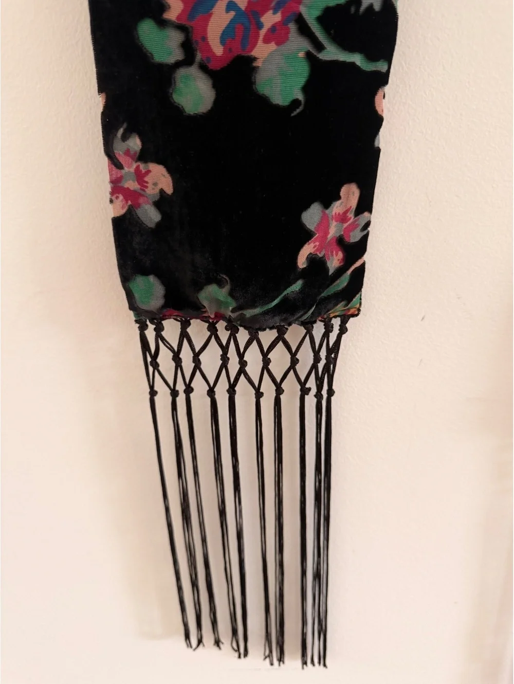 Johnny Was Black Velvet Floral Scarf with Fringe